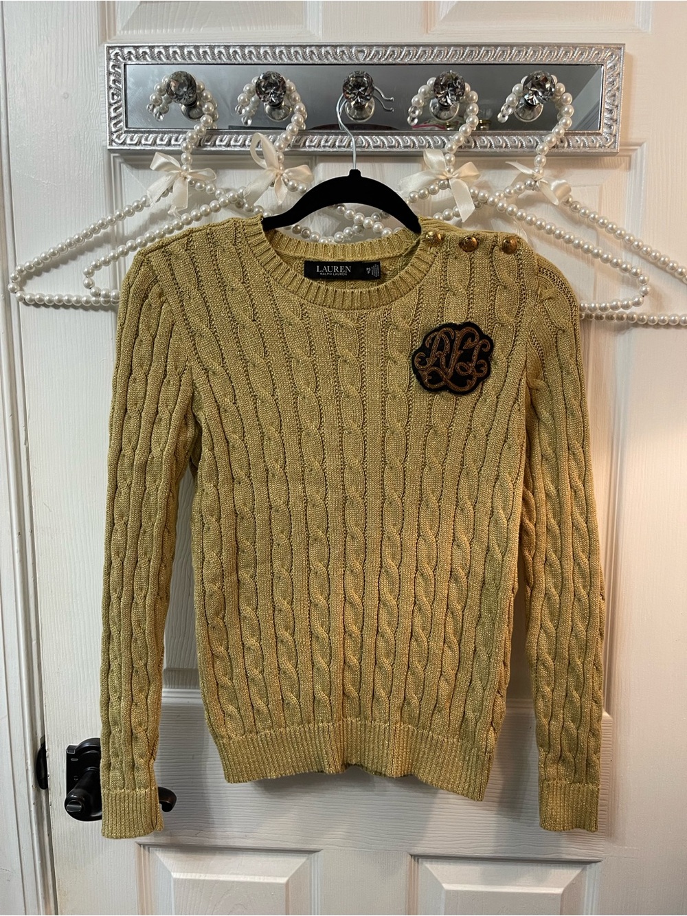 Ralph Lauren Cable-Knit Crewneck Sweater in Metallic Gold